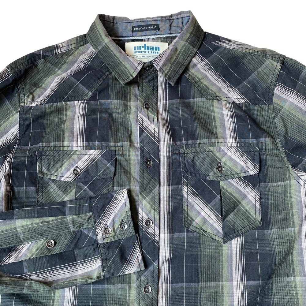 Urban Pipeline Men Indie Goblincore Button Up Shirt Long Sleeve XL Green Plaid